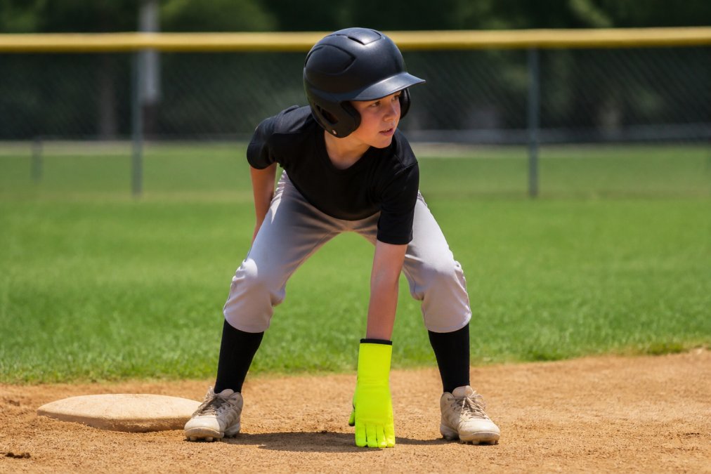 A young baseball player wearing a bright neon yellow sliding mitt on their left hand, crouching in a ready position on the base path, dirt and grass visible under bright sunlight