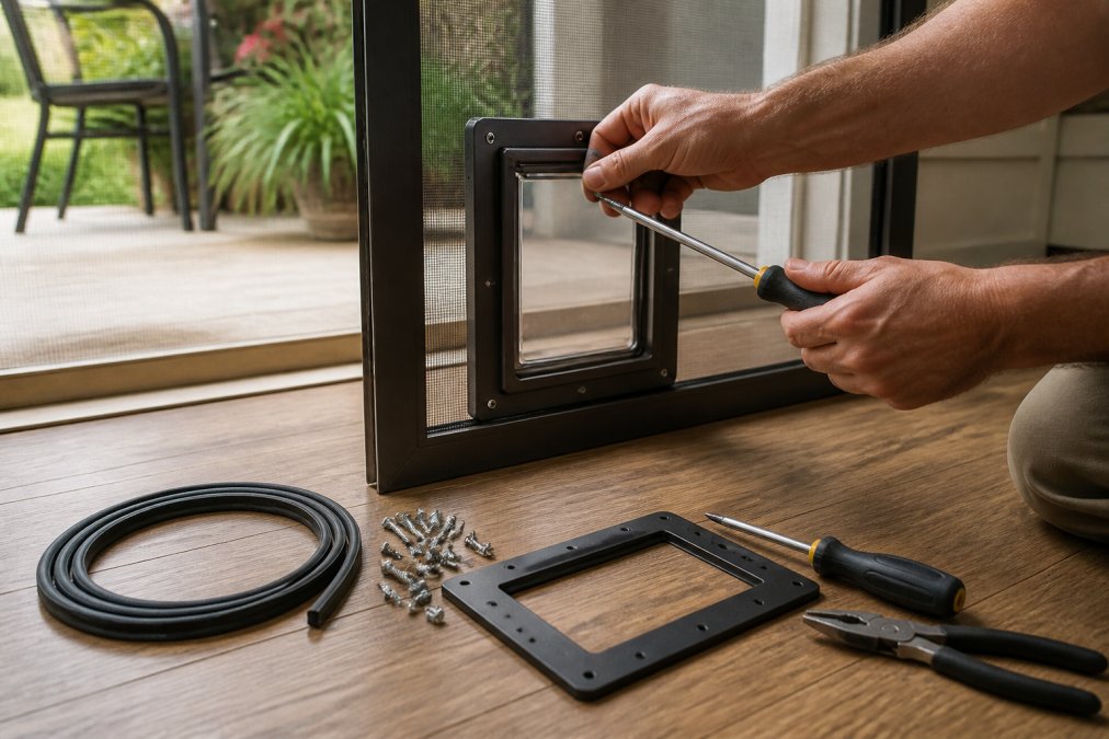 A homeowner's hands using a screwdriver to install a pet door insert into an existing sliding screen door frame, with installation hardware, screen spline, and tools laid out on a wooden floor in a bright residential setting