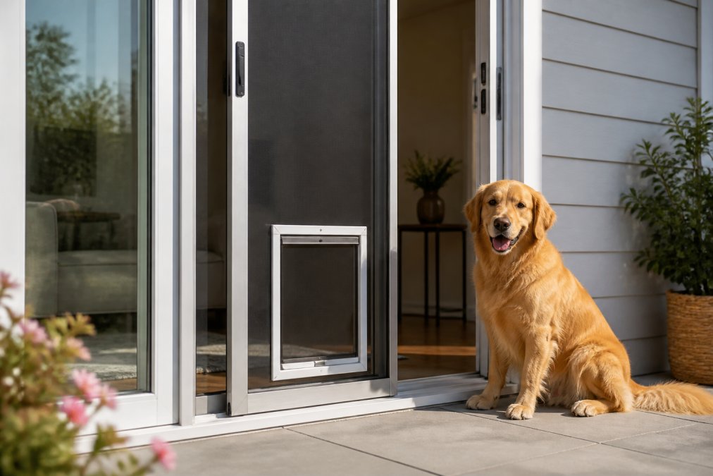 Close-up of a heavy-duty aluminum sliding screen door with a built-in pet door flap installed in a residential sliding glass door frame, with a medium-sized golden retriever sitting beside it on a sunny patio, natural afternoon light