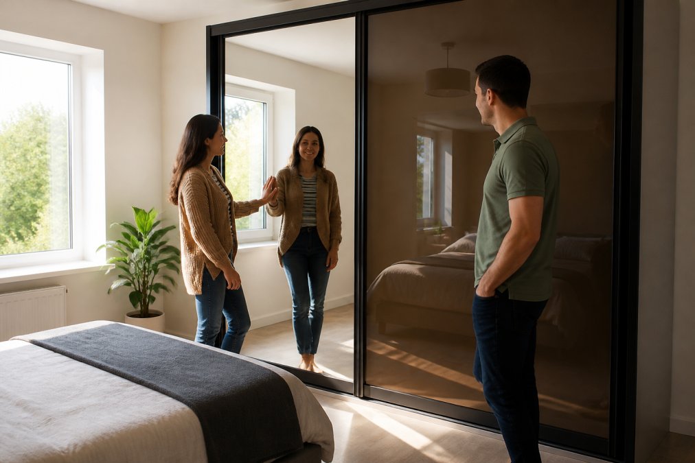 A bright modern bedroom with a sliding wardrobe featuring one mirrored door and one tinted glass door, showing the visual contrast between the two materials and how each reflects the natural light from a nearby window