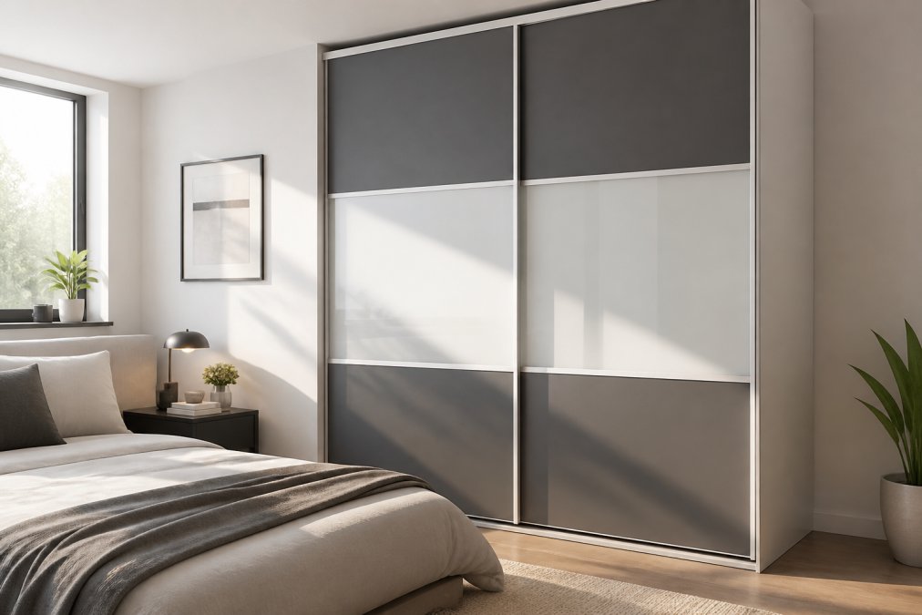 Modern bedroom with sliding wardrobe doors featuring frosted glass panels and matte charcoal grey lacquered sections, soft morning light diffusing through the glass and creating a clean, minimalist aesthetic