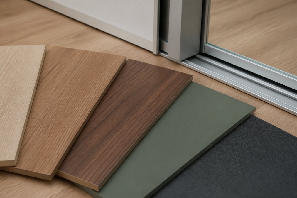 Close-up detail shot of wood grain texture on melamine and real wood veneer samples for sliding wardrobe doors, displaying light oak, walnut, earth-toned browns, heritage green, and charcoal grey finishes with soft-close aluminium hardware visible