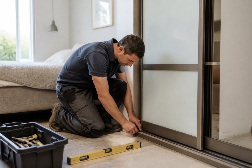 A joiner in work clothes adjusting the bottom track of a sliding wardrobe door in a bright bedroom, spirit level and toolbox on the floor beside him