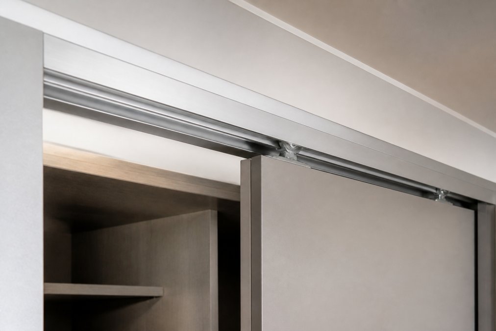 Close-up of a modern bedroom wardrobe with sliding doors partially open, showing the aluminium track profile and concealed rollers mounted at the top of the door panel