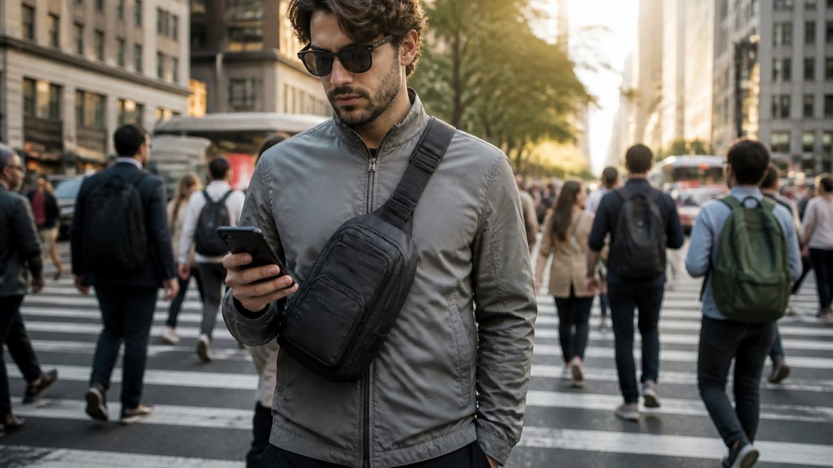 Urban commuter wearing a tactical sling bag while walking across a busy city street in the morning light