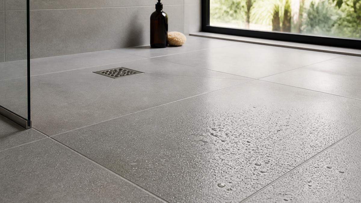 Close-up of luxury matte-finish porcelain floor tiles with subtle surface texture in a modern bathroom setting, water droplets visible on the tile surface, minimalist aesthetic with neutral tones and natural lighting
