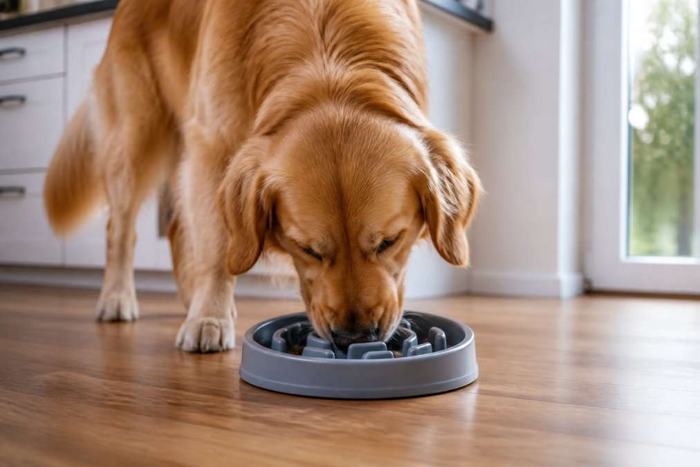A relaxed golden retriever eating calmly from a maze-patterned slow feeder bowl, showing focused eating posture and peaceful demeanor in a bright kitchen with natural window light