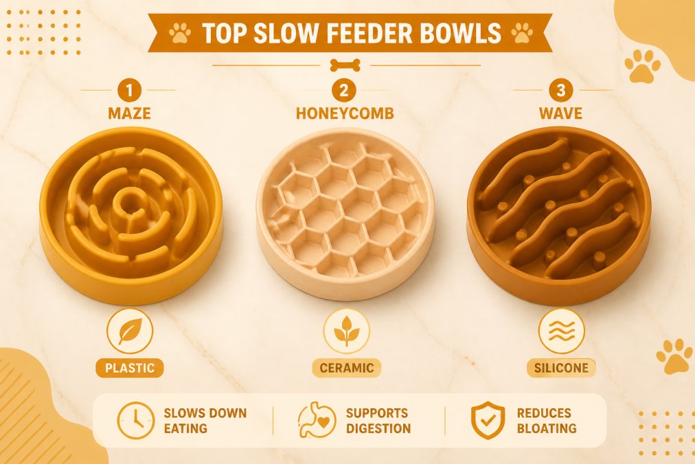 Flat lay of three different slow feeder bowls in various colours and designs arranged on a light marble surface, showing variety of maze patterns and materials