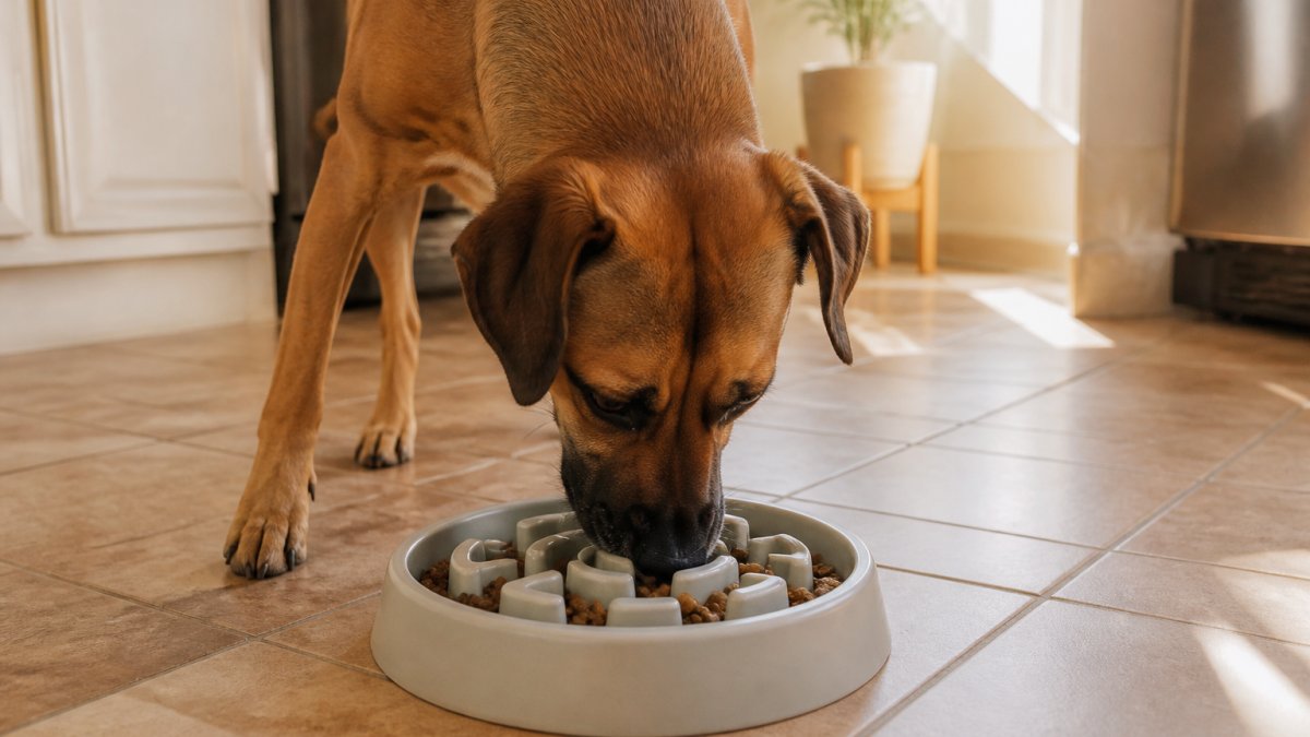 Medium-sized brown dog eating dry kibble from a maze-style slow feeder bowl on a sunny kitchen floor
