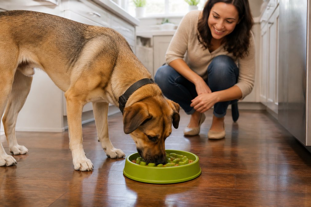 Medium-sized dog eating from a green ridged slow feeder bowl on a clean kitchen floor in a bright home