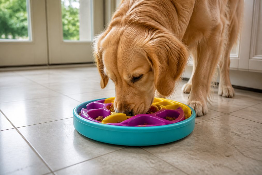 A happy golden retriever pressing its nose into the ridges of a colorful maze-style slow feeder bowl on a bright kitchen tile floor, working to reach kibble pieces nestled between the raised plastic channels, warm natural light from a nearby window