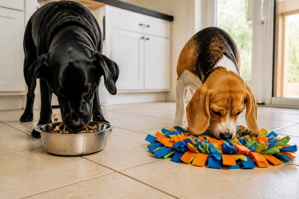 Two dogs eating side by side on a tiled kitchen floor in bright natural light: a black Labrador gulping rapidly from a plain stainless steel bowl on the left, and a beagle calmly nosing through a colorful snuffle mat on the right, both scenes captured from a low angle