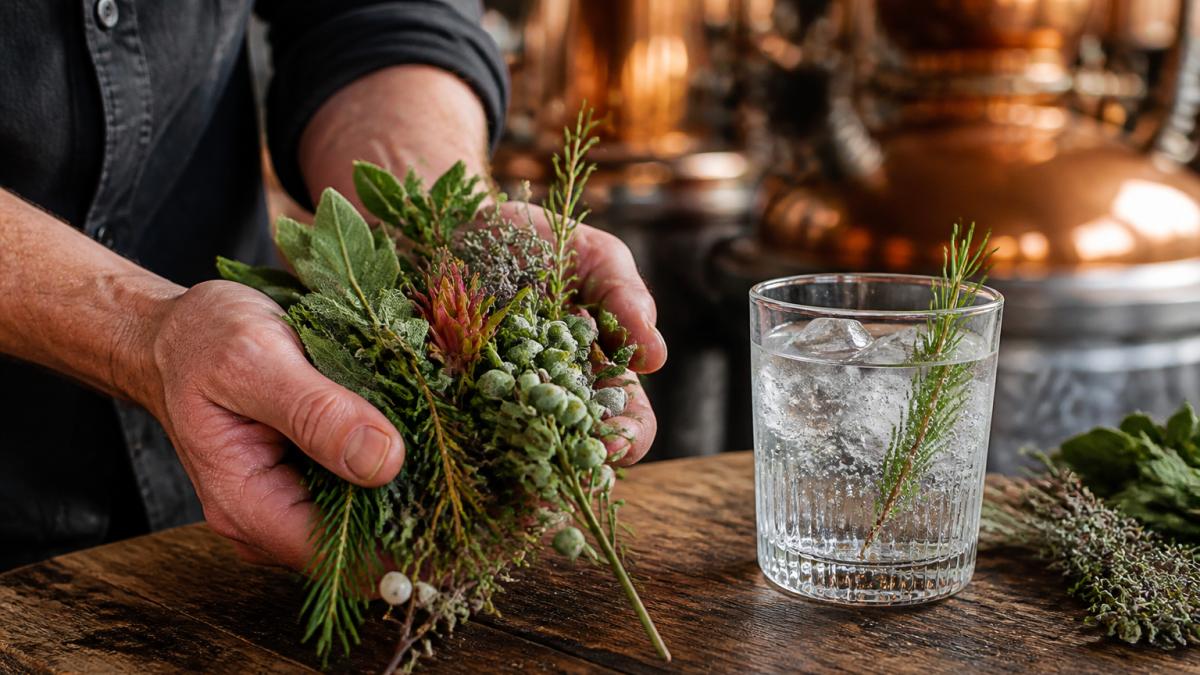 Distiller’s hands holding native botanicals beside a glass of the best small batch Australian gin on a timber bench