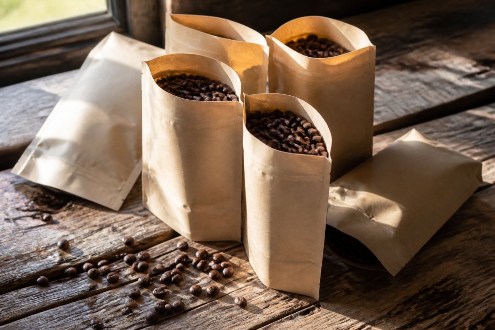 Close-up of several small kraft bags of specialty coffee beans arranged on a rustic wooden surface, with a handful of whole beans scattered nearby in warm morning light