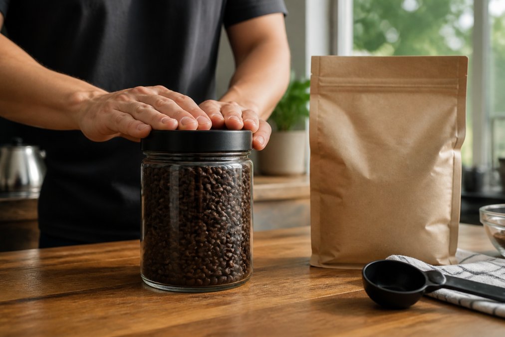Hands pressing the lid down on a dark airtight glass canister filled with whole coffee beans on a kitchen counter, a freshly arrived kraft bag of small-batch roasted coffee sitting beside it in soft morning light