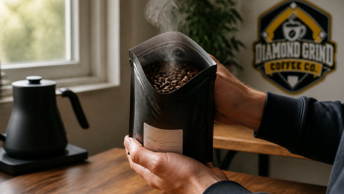 Hands holding a freshly opened bag of roasted coffee beans with visible roast date label, steam rising, in natural morning light near a kitchen window
