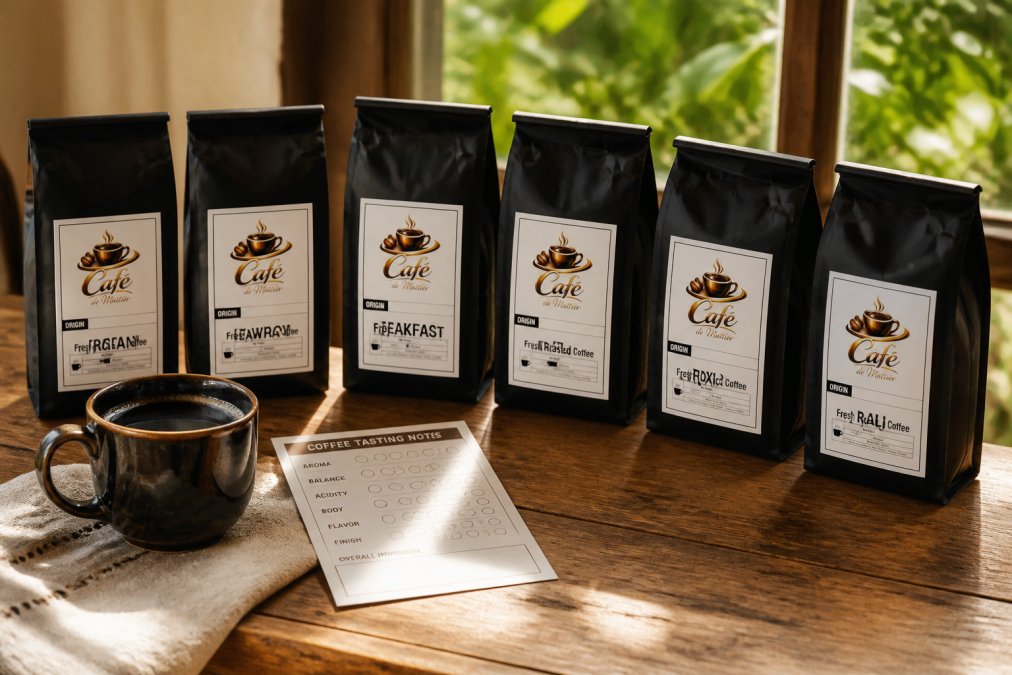 Six small coffee bags with distinct origin labels arranged on a wooden surface beside a coffee cup and tasting notes card, morning sunlight streaming across the display