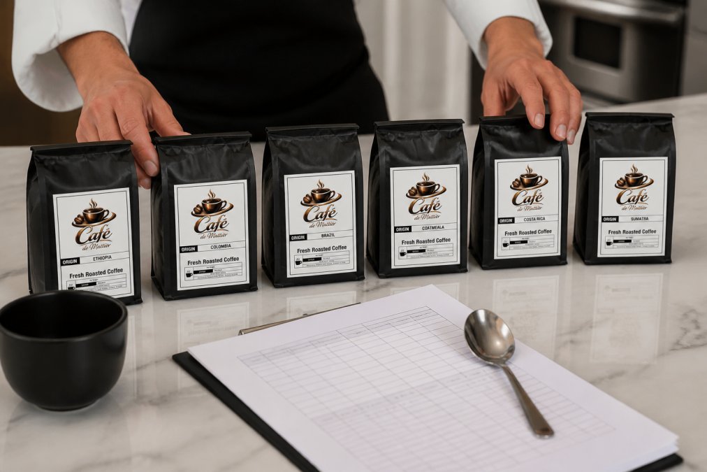 Hands carefully arranging six small coffee sample bags on a marble counter, each labeled with origin name and tasting profile, with a cupping spoon and tasting score sheet in the foreground