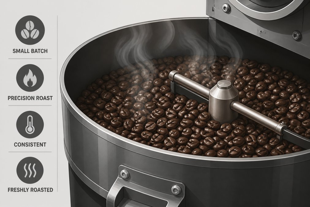 Close-up of freshly roasted coffee beans cooling in a small roasting drum, showing glossy surface and rich brown color with steam rising