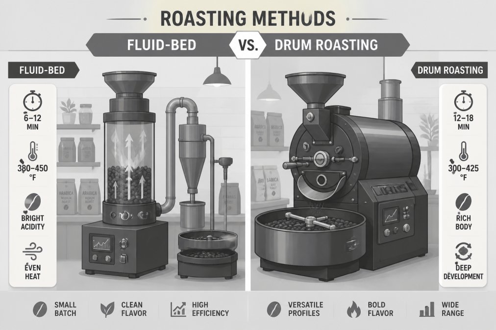 Side-by-side view of small drum roaster and fluid-bed roaster in specialty coffee roastery workspace, showing different equipment designs