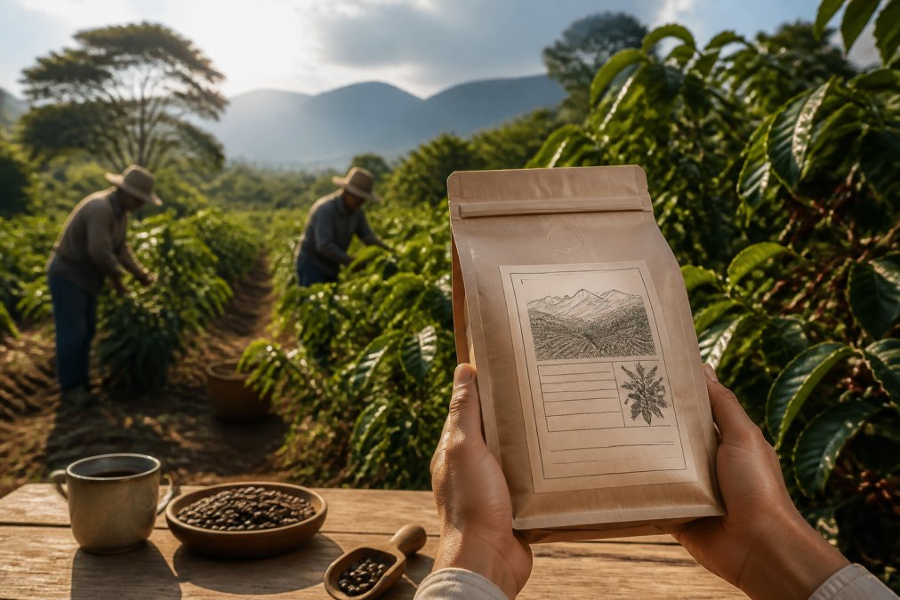 Hands holding a coffee bag displaying sourcing information and farm details, with a lush coffee plantation landscape and farmers working in the background under tropical sunlight