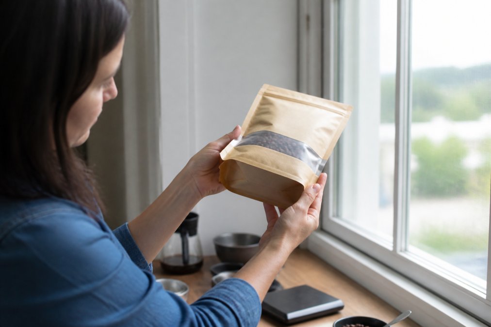 Person checking the roast date on a bag of small batch coffee in natural light by a window