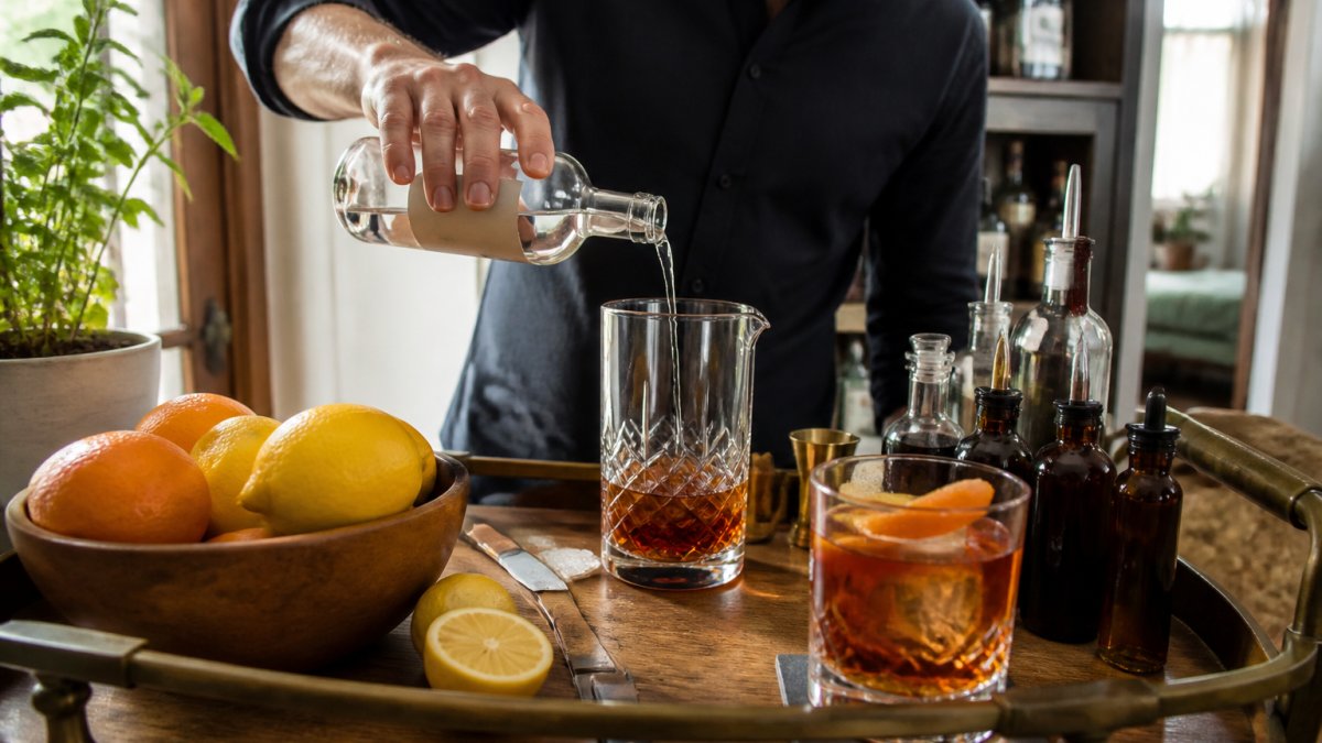 A home bartender pouring a small-batch spirit into a mixing glass on a wooden bar cart, surrounded by fresh citrus, bitters bottles, and a finished Old Fashioned in the foreground