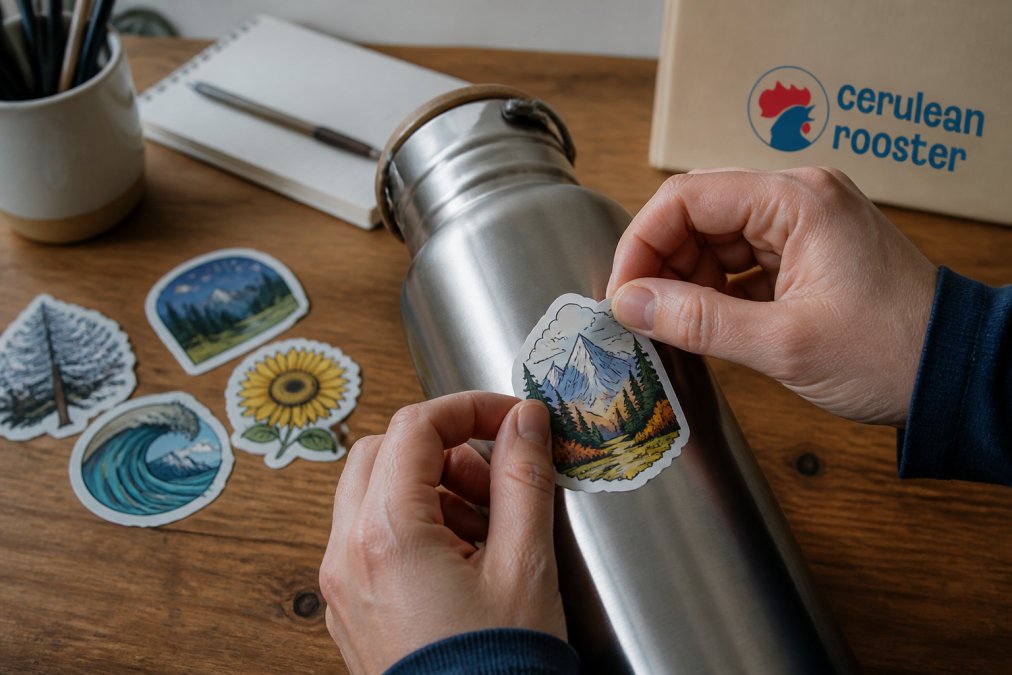 Close-up of hands peeling a die-cut vinyl sticker and pressing it onto a stainless steel water bottle on a wooden desk, with a few colorful handmade stickers scattered nearby