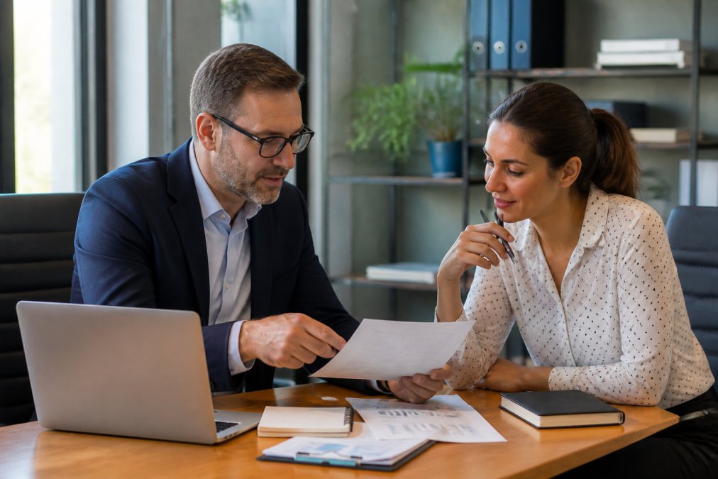 Small business owner meeting with professional consultant in modern office, reviewing business documents and discussing strategy at desk with laptop and notebook visible