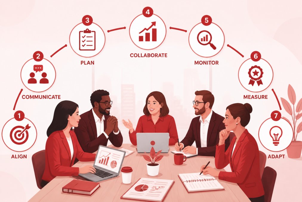 Diverse team of business professionals collaborating around conference table with laptops and notebooks, engaged in strategic discussion with natural office lighting