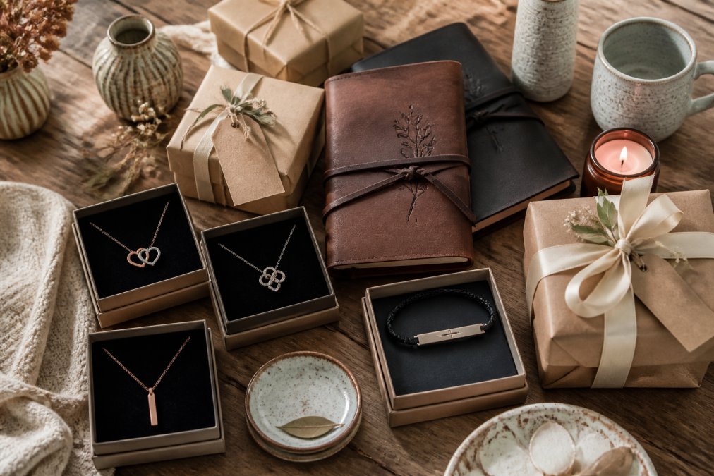 Flat lay of artisanal gifts including personalized leather journals with custom designs, handcrafted home decor items, and small business packaging with handwritten care tags and ribbon, arranged on natural wood surface with soft morning light