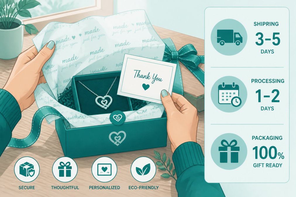 Close-up of hands carefully opening a beautifully packaged small business gift with personalized tissue paper wrapping, handwritten note card visible, and artisanal ribbon, on a wooden table with natural window lighting