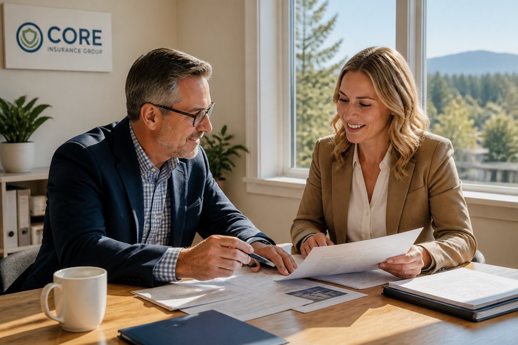 Small business owner in professional office meeting with insurance agent, reviewing policy documents and coverage options on desk with natural sunlight from window