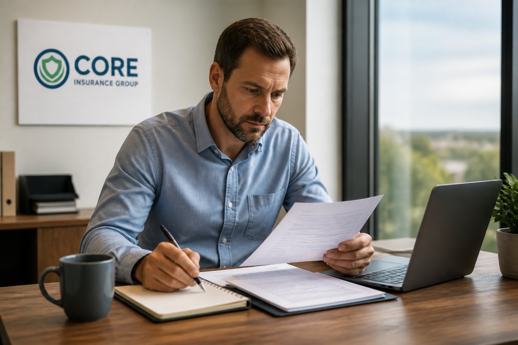 Business owner at desk with laptop, notepad, and coffee cup, comparing insurance quotes and policy documents with focused expression and natural office lighting