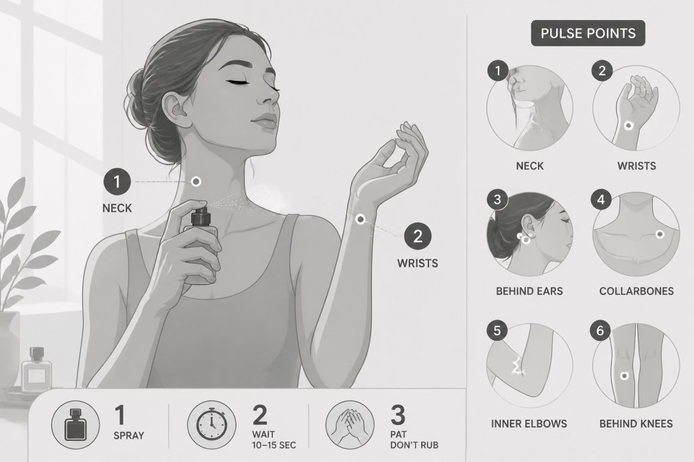 Person applying fragrance to pulse points on their wrist and neck with soft morning light coming through a window, showing proper application technique
