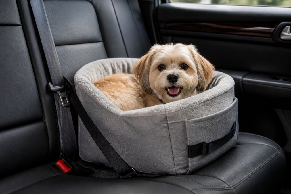 A happy small dog curled up on a portable travel bed placed on a car seat, with a seatbelt visible, showing the bed in use during a road trip