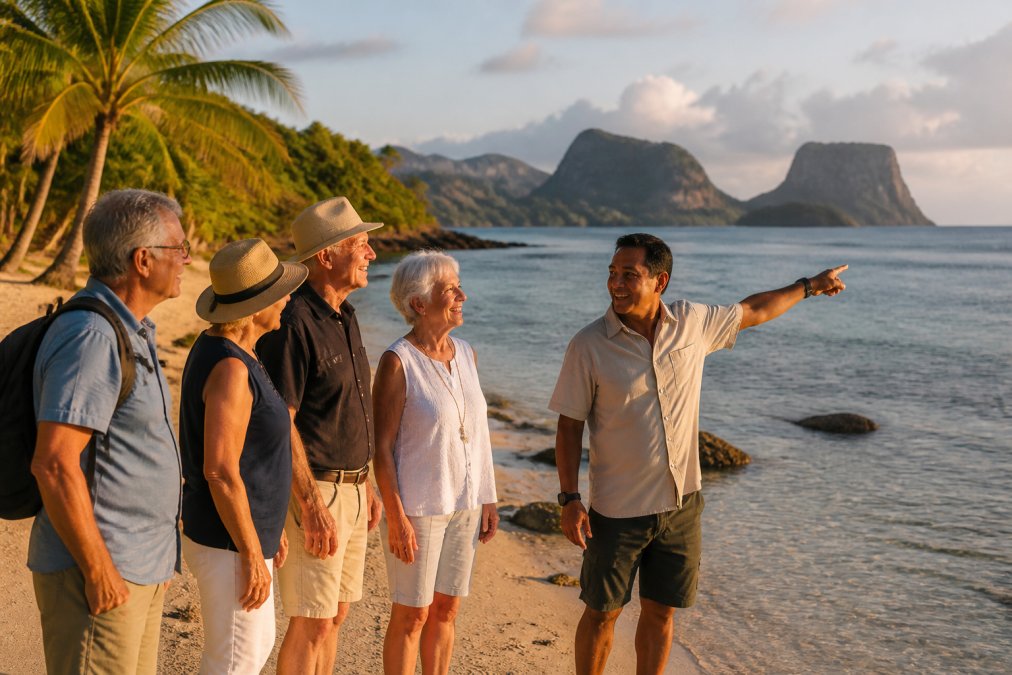 A small group of mature travellers standing together on a scenic Pacific beach at golden hour, smiling and looking relaxed while a local guide points toward distant reef formations, with turquoise water and palm trees in the background
