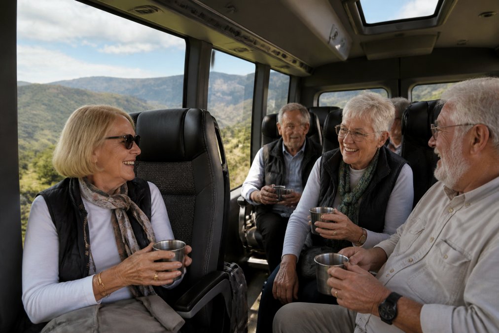 Mature travellers seated comfortably in a purpose-designed 4WD vehicle with large windows, enjoying refreshments and conversation, showing genuine relaxation and camaraderie, with scenic landscape visible through windows