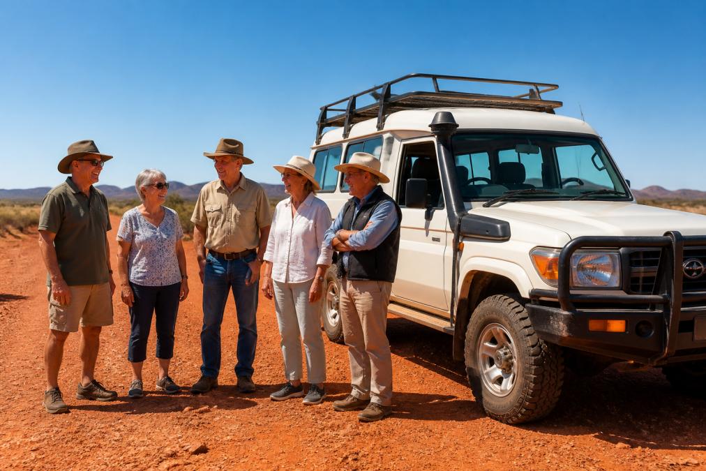 A small group of mature travellers standing beside a purpose-built 4WD vehicle on a red dirt outback road, relaxed smiles, wide open Australian landscape stretching behind them under a clear blue sky