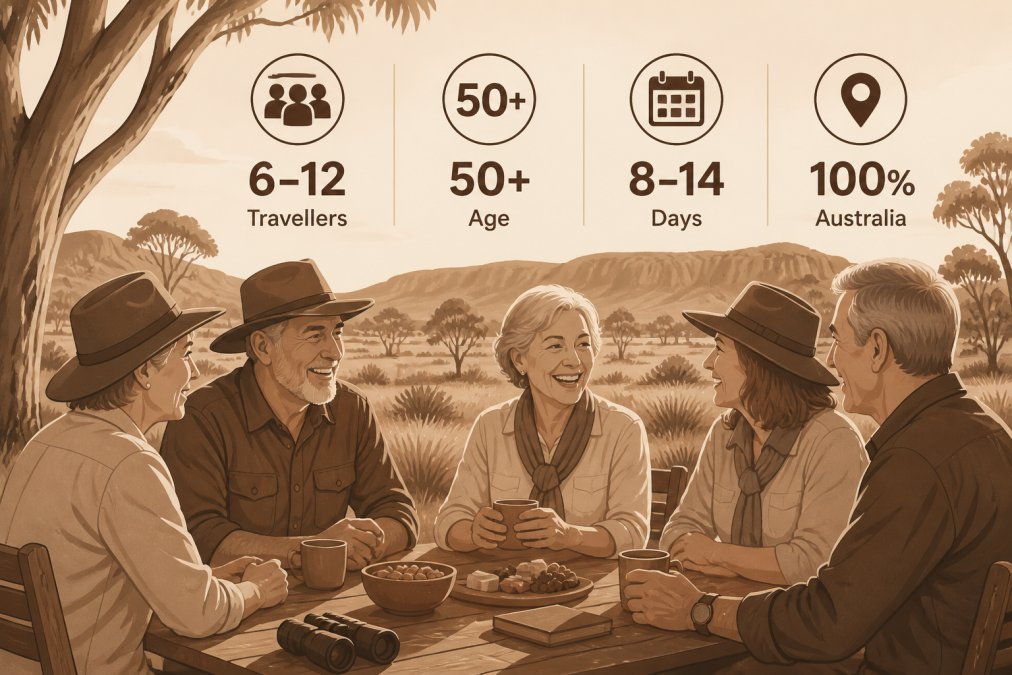 A solo traveller in their 50s chatting warmly with fellow tour guests around an outdoor table in a remote Australian bush setting, warm late-afternoon light, relaxed and engaged expressions