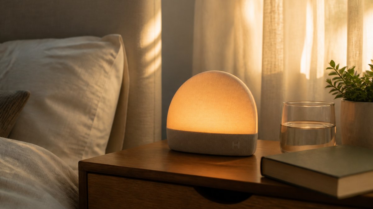 A modern bedside table with a sunrise alarm clock glowing softly in warm orange light, a book and glass of water nearby, and morning light filtering through curtains