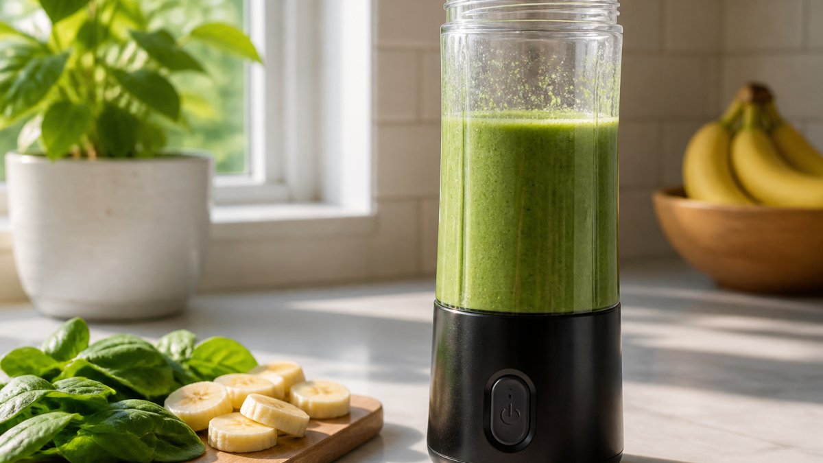 Close-up of a personal blender pitcher filled with a thick green smoothie, fresh spinach leaves and banana slices arranged beside the blender on a bright kitchen counter with morning sunlight