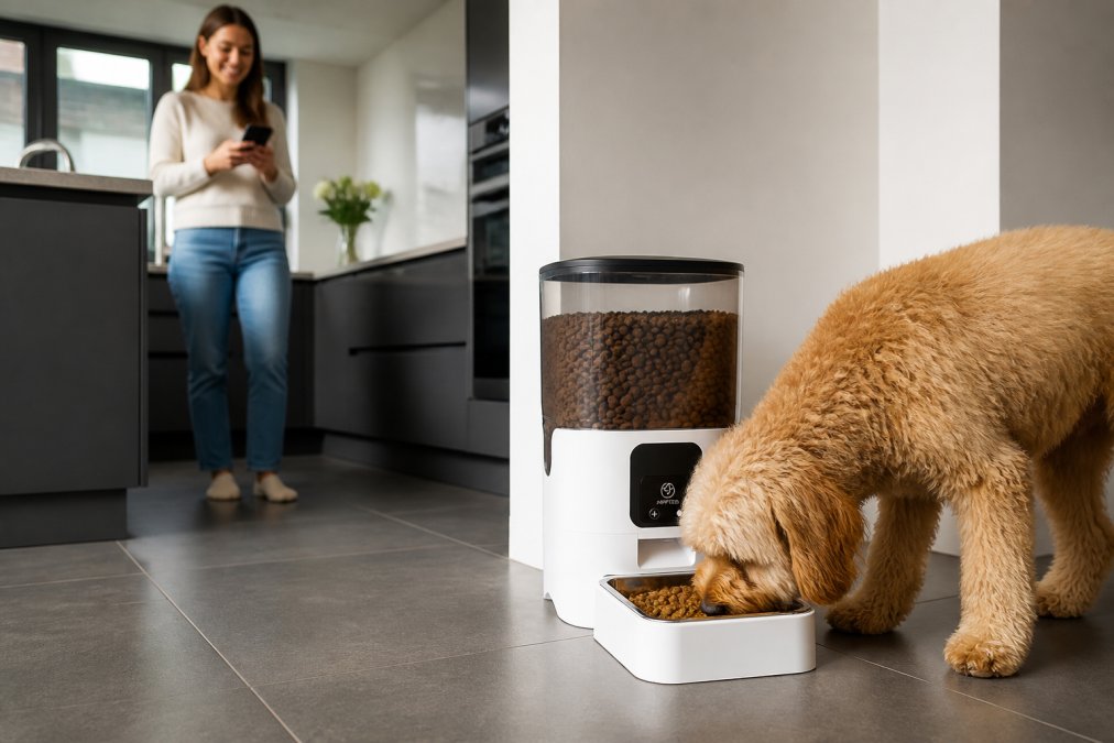 A dog eating from a modern stainless steel automatic feeder in a bright kitchen, with an owner in the background checking their smartphone displaying a live video feed of the feeder