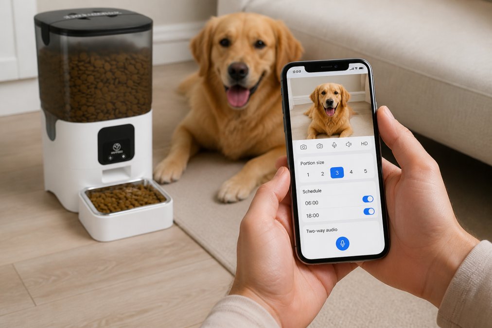 Close-up of a smartphone screen displaying a live dog camera feed with portion size controls, scheduling interface, and two-way audio button visible in the app