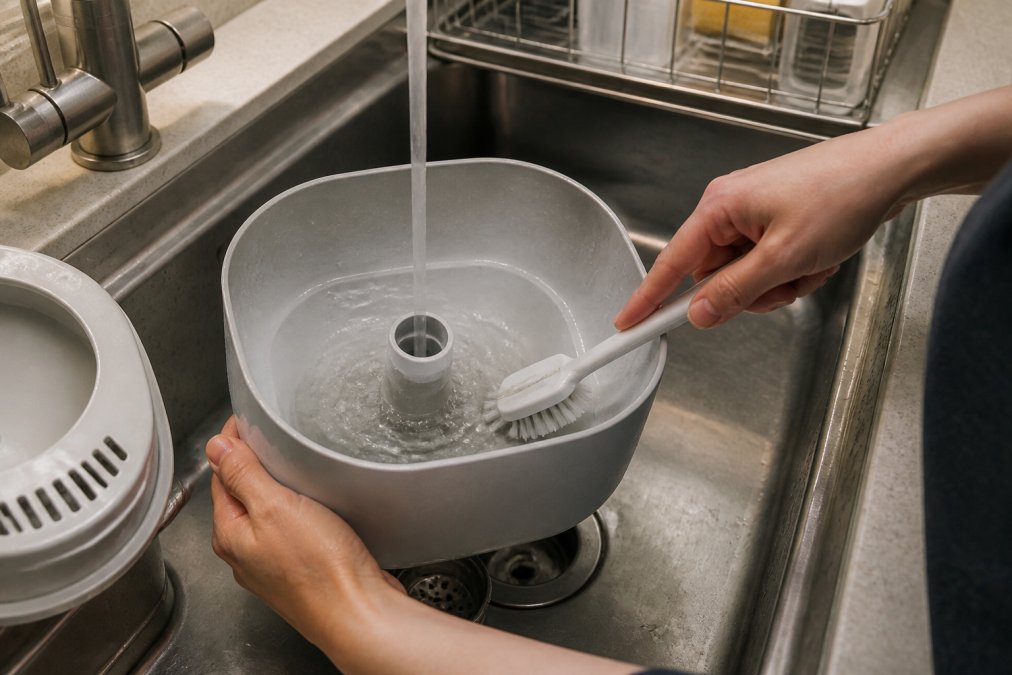 Close-up of hands cleaning a smart feeder bowl with water and brush, showing maintenance and care