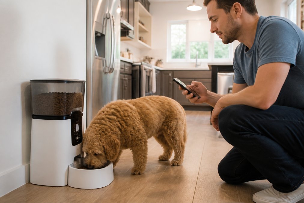 Pet owner checking smartphone app while their dog eats from an automatic feeder in a modern kitchen