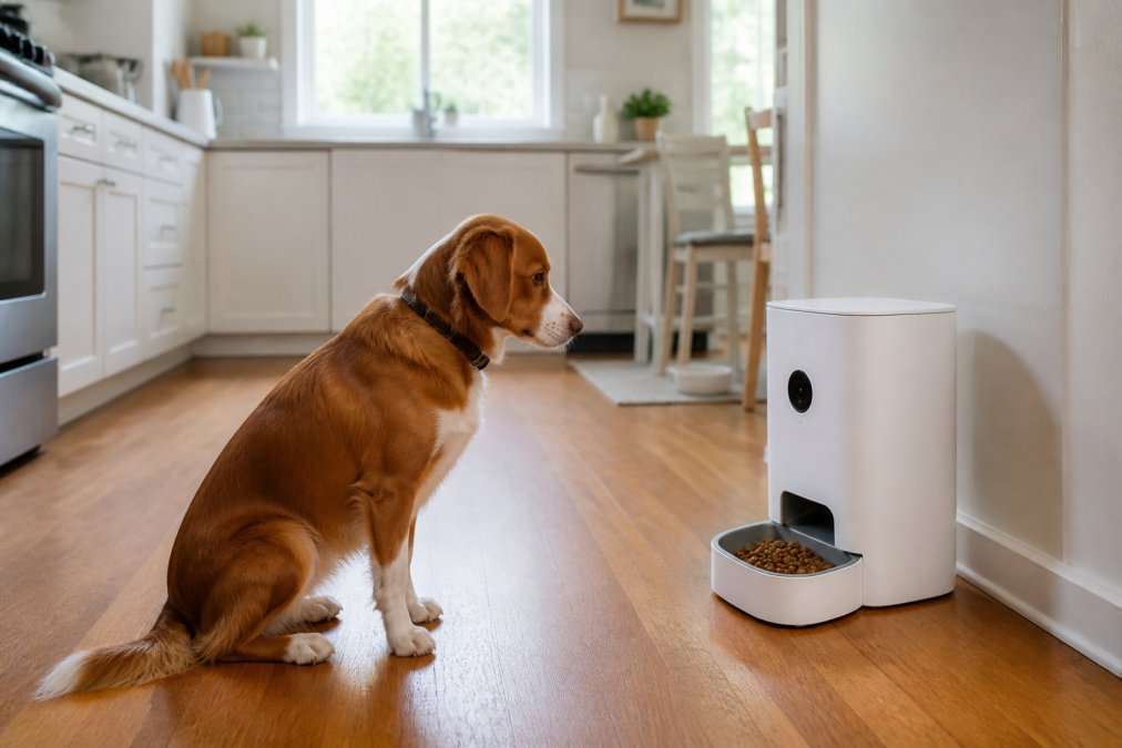 A medium-sized anxious dog sitting calmly in front of a modern white automatic smart feeder with a small camera lens visible, positioned on a clean hardwood floor in a bright, tidy home kitchen with natural window light