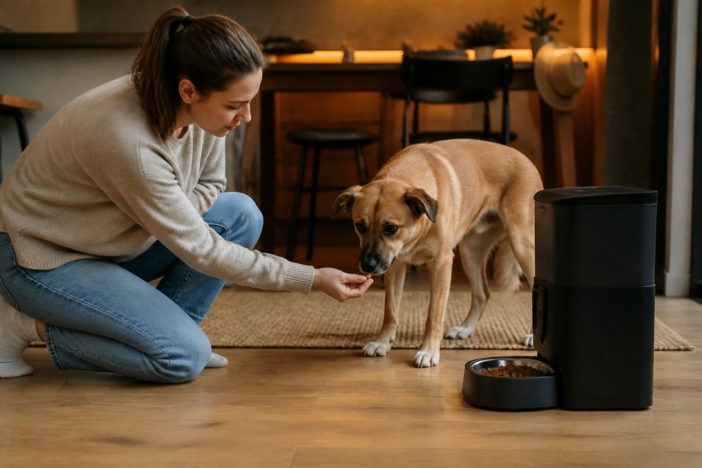 A dog owner kneeling beside a nervous dog near a new automatic feeder placed on the floor, offering a treat by hand to encourage the dog to approach the feeder, warm amber-lit home interior with wooden flooring and a soft rug in the background