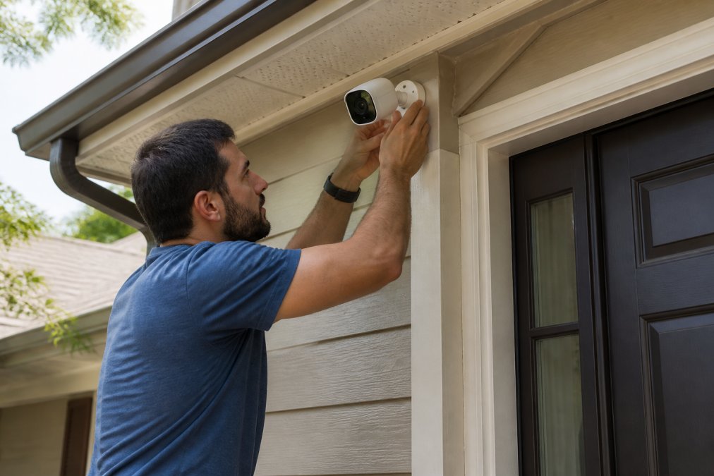 Homeowner installing a modern security camera on the exterior wall of a residential home, mounting it under an eave with clear sightlines to the front entrance and driveway, natural daylight illuminating the installation