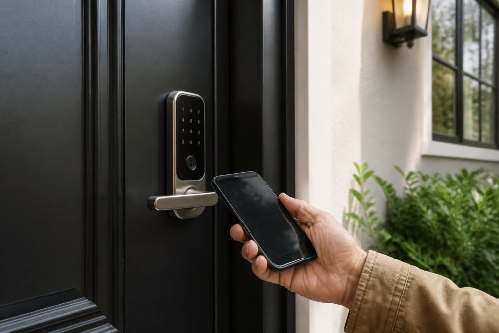 Close-up of a hand holding a smartphone displaying a smart lock app interface while unlocking a modern black front door, the smart lock's sleek metallic design visible on the door handle, natural afternoon light